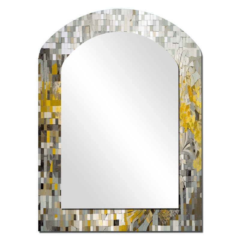 Jaune et crème Bohemian Medley I - grand miroir asymétrique mosaïque Boho, miroir mural décoratif arche moderne, impression d'art en métal
