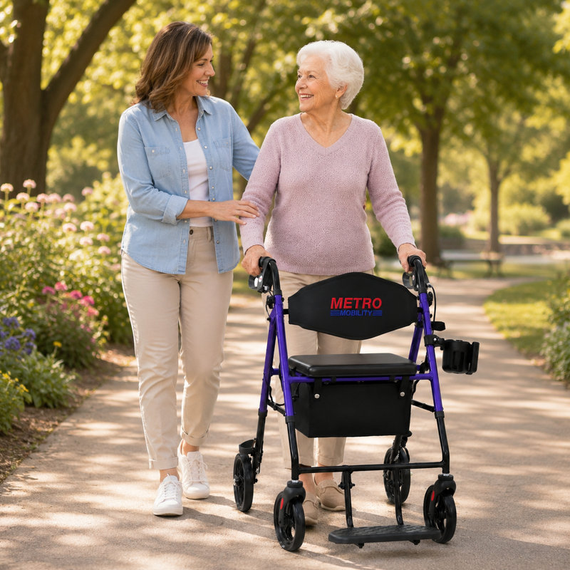 Déambulateur roulant mobilité avec siège pour personnes agées, déambulateur léger et pliable, grandes roues avant en nid d'abeilles amortissant les chocs de 10 po pour tout terrain, capacité de poids de 300 lb, mauve