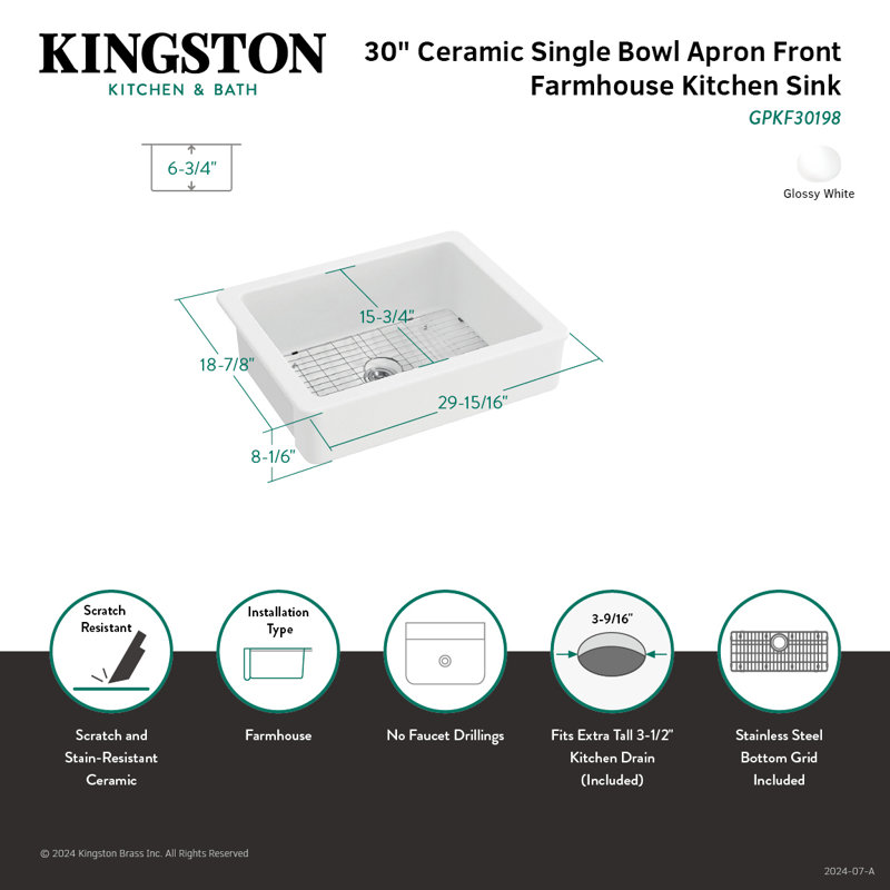 Kingston Brass Kaolin 30-Inch Ceramic Apron-Front Single Bowl Farmhouse Kitchen Sink with Bottom Grid and Strainer