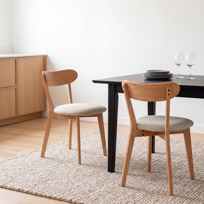 Solid Oak Upholstered Dining Chairs with Removable Seat Covers - Set of 2, Oak, Light Beige, 2