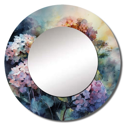 Oshyn Purple Green Hydreangea II - Hydrangea Decorative Wall Mirror, Traditional Large Round Mirror, Printed Metal Art