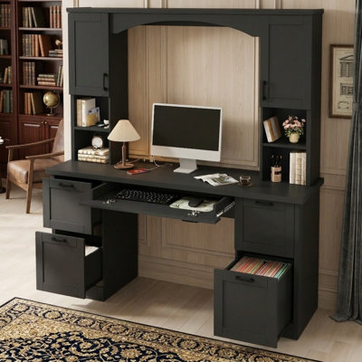 Bureau d'ordinateur avec huche, station de charge et plateau à clavier Farmhouse