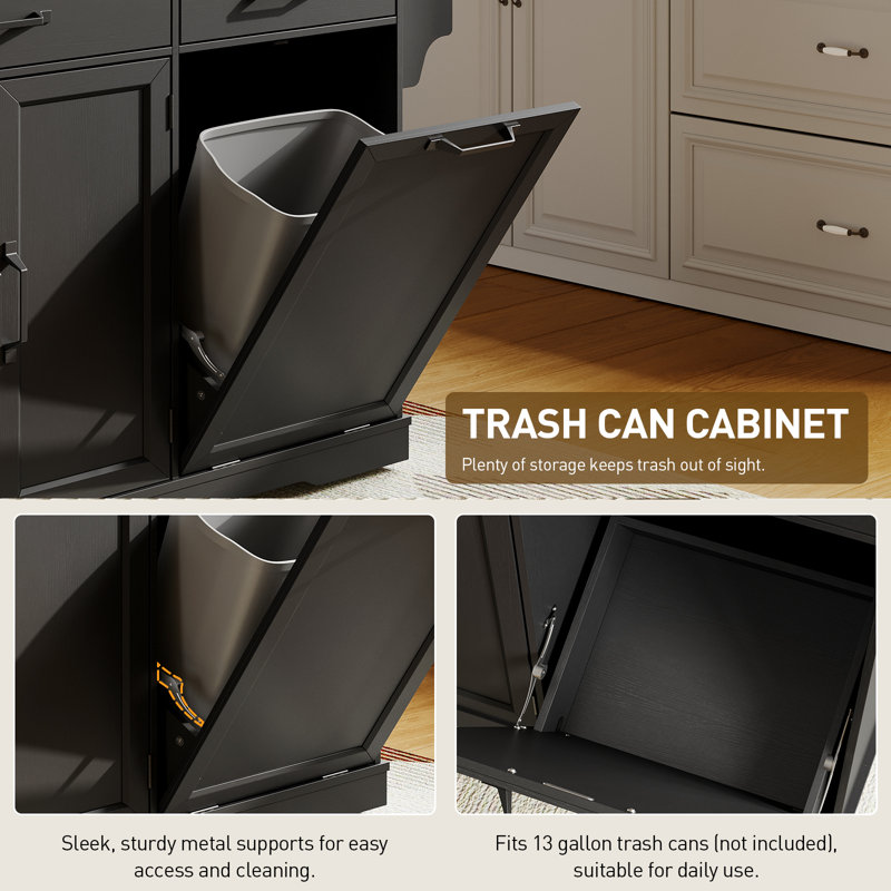 51.2" Rolling Kitchen Island with Power Outlet & Drop Leaf Storage Cart with Trash Can Cabinet, Black
