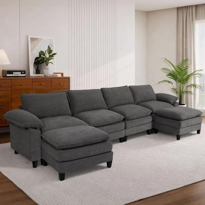 Canapé d'angle rembourré avec 2 repose-pieds, H 37,4 po x l 146,5 po x P 61 po, Gris chenille