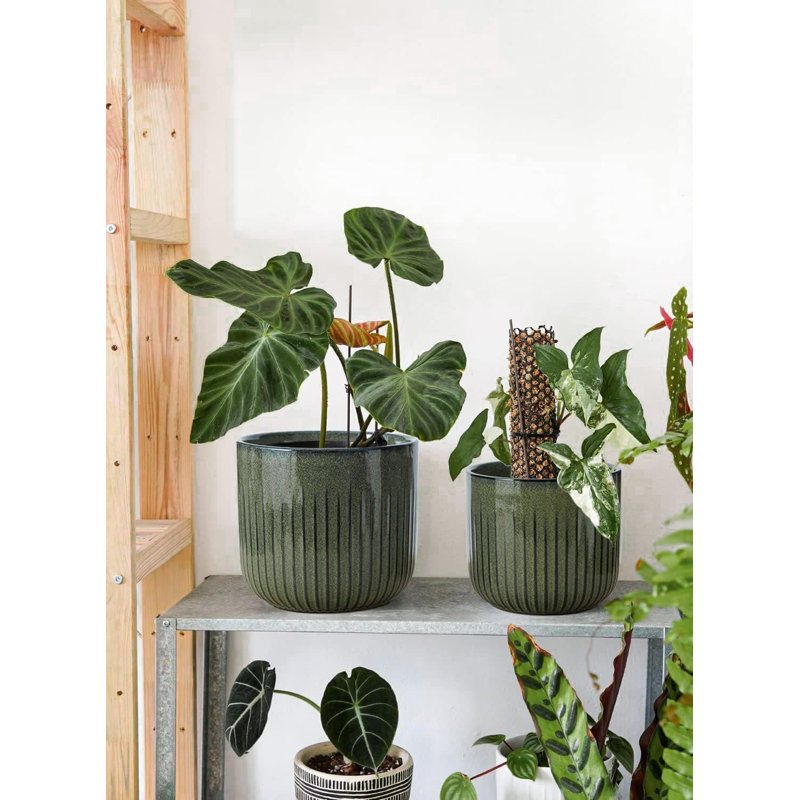 Fluted Ceramic Planters Set Of 3 With Drainage System, Reactive Glaze Stoneware Flower Pots For Indoor Plants, Succulents And Herbs In Modern Cylinder Design