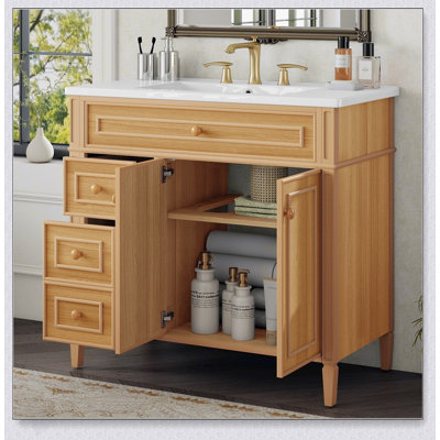 Meuble-lavabo de 36 pouces avec lavabo, tiroir rabattable, portes à fermeture en douceur et poignées en bois d'hévéa élégantes