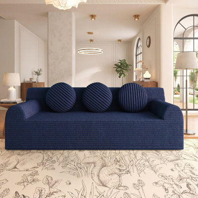 71-inch 3-seater corduroy frameless sofa with deep, spacious cushions and 3 decorative throw pillows; no assembly required; suitable for bedrooms and offices
