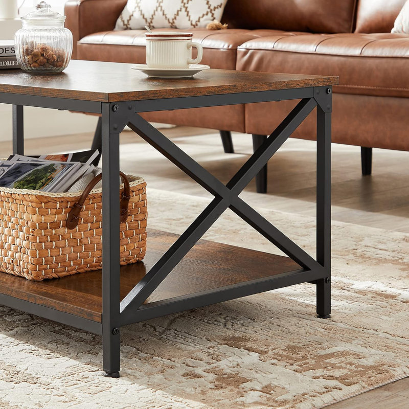 Table basse, table basse avec tablette de rangement et structure en X en acier - brun rustique et noir de 39,4 po