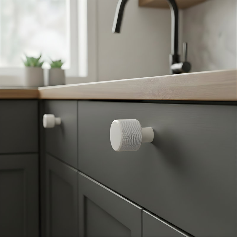 ROUS Hardware Mid Century Modern Knurled Knob, Snow (White)