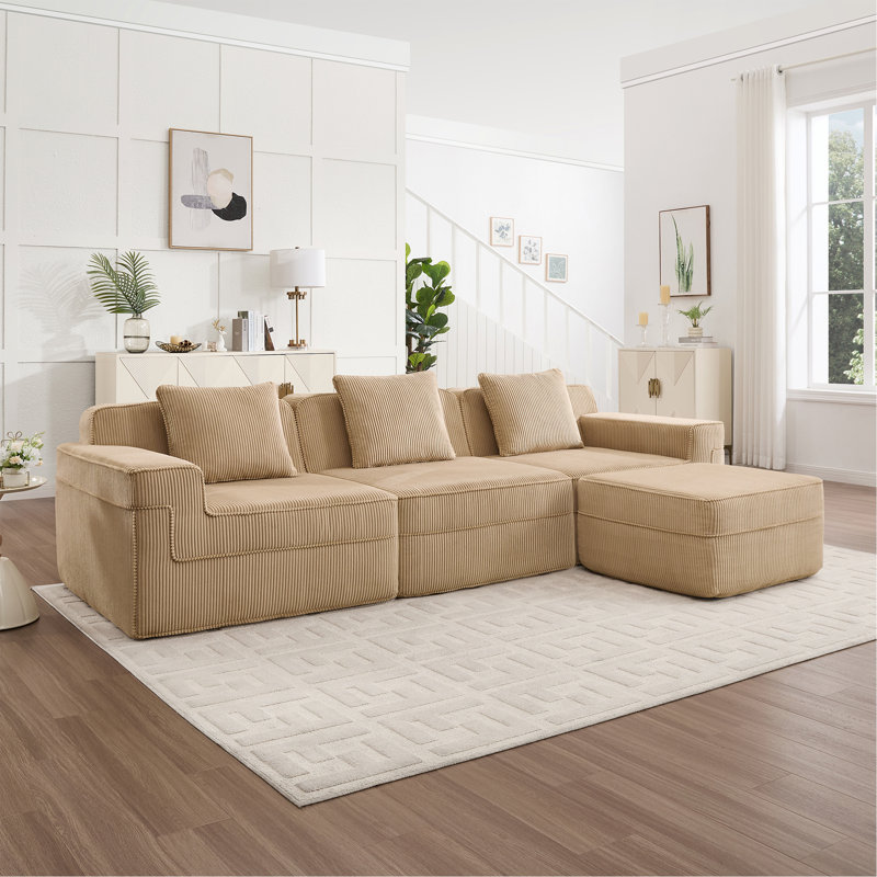 Canapé modulaire modulaire en L à 3 places sans os, canapé modulaire Cloud avec assise profonde, canapé modulaire moderne à 3 places avec coussins décoratifs et 1 repose-pieds mobile, tissu velours côtelé rose