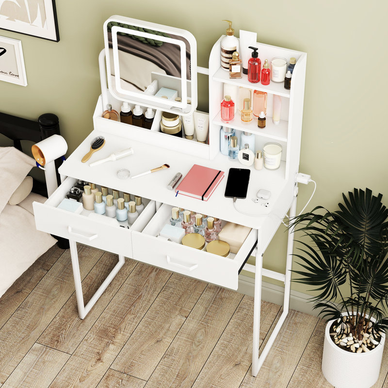 Modern Makeup Vanity with Touch Screen Mirror, Built-in Outlets & USB Charging and Adjustable Lighting, White