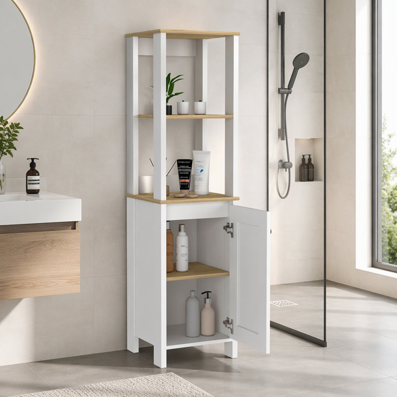 Armoire à linge avec deux tablettes ouvertes et une porte en chêne clair et blanc