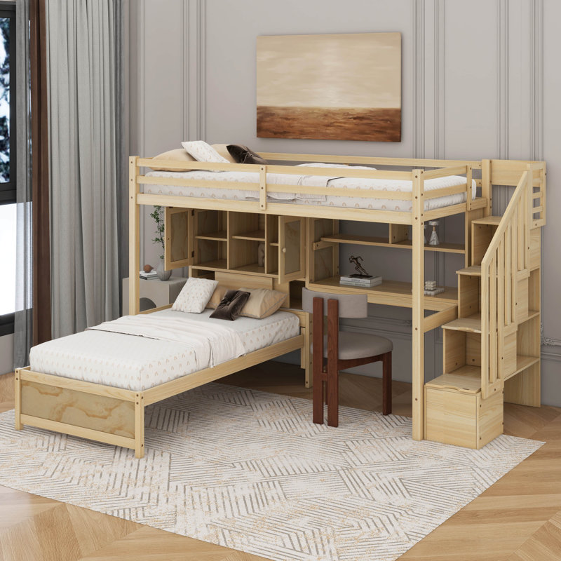 Lit mezzanine simple au-dessus de simple avec bureau et escalier, Naturel