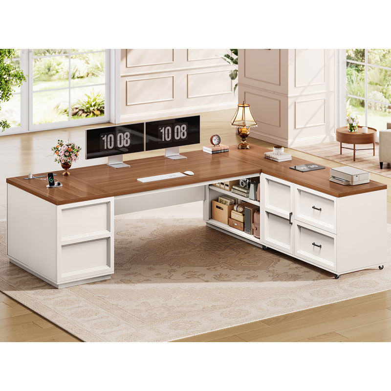 Bureau de direction en L avec classeur à roulettes et prise de courant, Blanc, brun