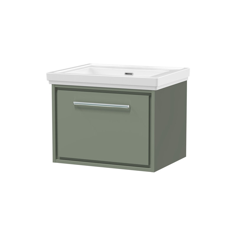 Hudson Reed Lille 600mm Fern Green 1 Drawer  Wall Hung Vanity Unit With Fireclay Basin, Fern Green, 63cm W