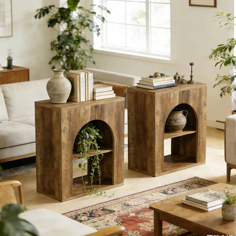 Set of 2 Farmhouse End Table With Storage Shelf, 2