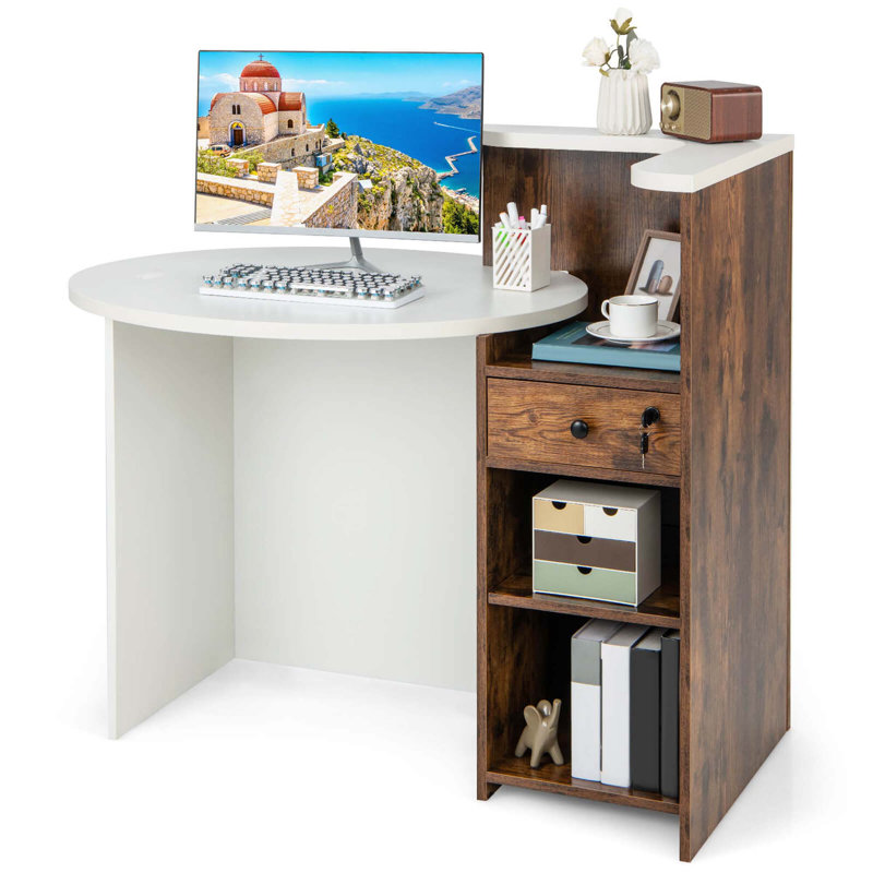 Front Reception Counter Desk Checkout Office Desk With Open Shelf & Lockable Drawer, Brown