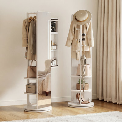 Solid Wood 360° Rotating Full-Length Mirror with Built-In Jewelry Cabinet & Storage Shelves