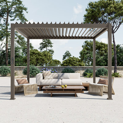 Metal Louvered Pergola with Adjustable Roof & Drainage System, All-Weather Patio Pergola for Garden, Deck
