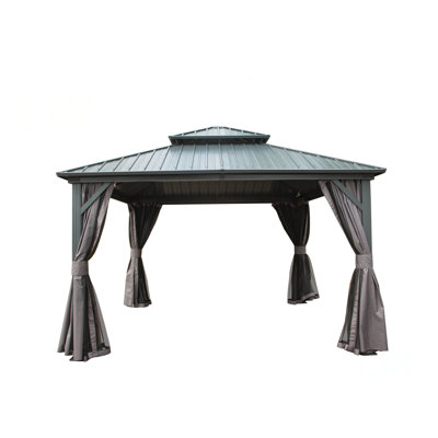 Pavillon de jardin à toit rigide de 12 pi x 12 pi, pavillon en métal et aluminium avec double toit en acier galvanisé, rideau et filet, pavillon de pavillon permanent pour patio, cour arrière, terrasse, pelouse