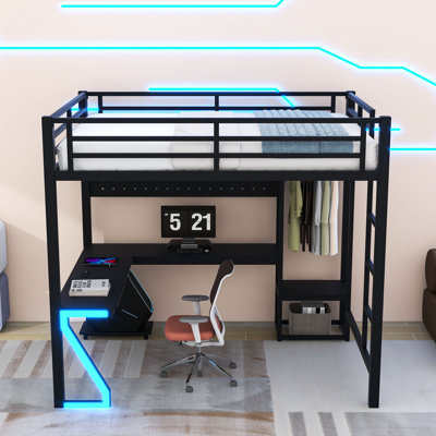 Metal Loft Bed with L-Shaped Desk and Shelve