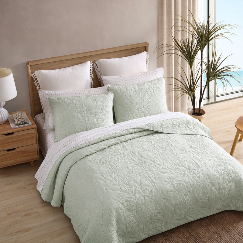 Sage Green Cotton Twin Quilt Set with Floral Stitch