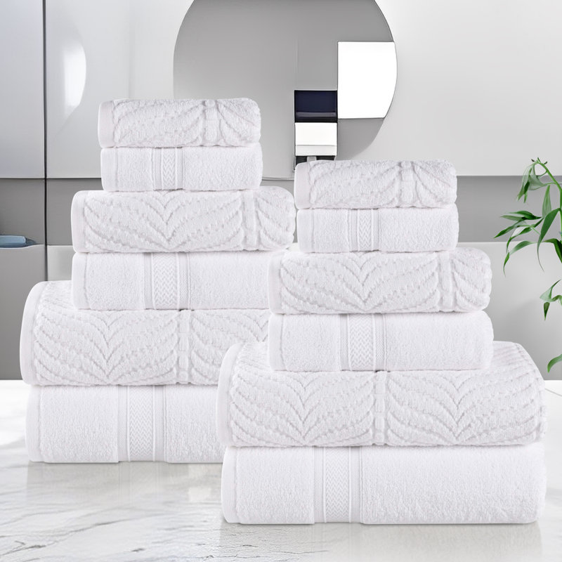Purdey Chevron Zero Twist Solid and Jacquard Cotton 12 Piece Bathroom Towel Set, White
