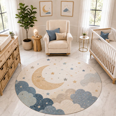 Tapis rond « Ultra Fin » 183 x 183 cm, motif lune et nuages, tapis d'intérieur doux à poils courts avec envers antidérapant en silicone, idéal pour la chambre d'enfant, la salle de jeux et la chambre à coucher.