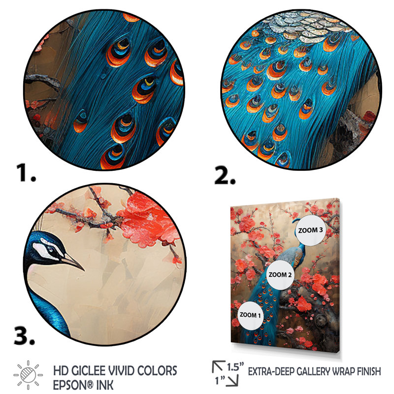 Bleu japonais royal floral paon II - paon, art mural animal, Cadre flottant doré, H 32 po x l 24 po x P 1 po