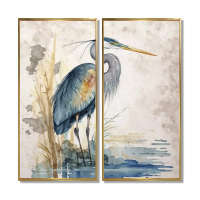 «Heron By The Waterside Watercolor», reproduction d'art sur toile, décoration murale animaux bleus 2 pièces