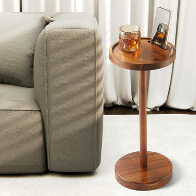 Table à boissons en bois d'acacia avec base lestée, petite table d'appoint ronde pour les petits espaces, table de bout à piédestal Martini / Cocktail avec support de téléphone pour le salon, les téléviseurs ou le bureau à domicile