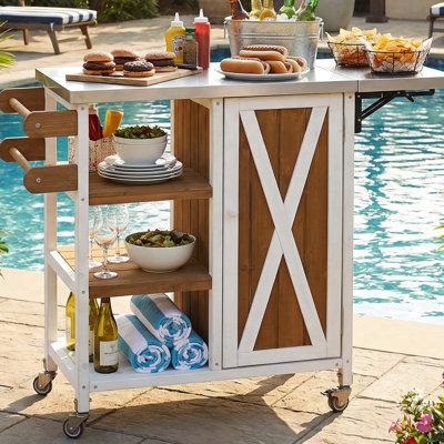 Îlot de cuisine d'extérieur portatif avec double rangement, porte-serviettes double couche et finition bois naturel, idéal pour les balcons et les petits espaces, chariot de patio pliable blanc et brun avec verrouillable.