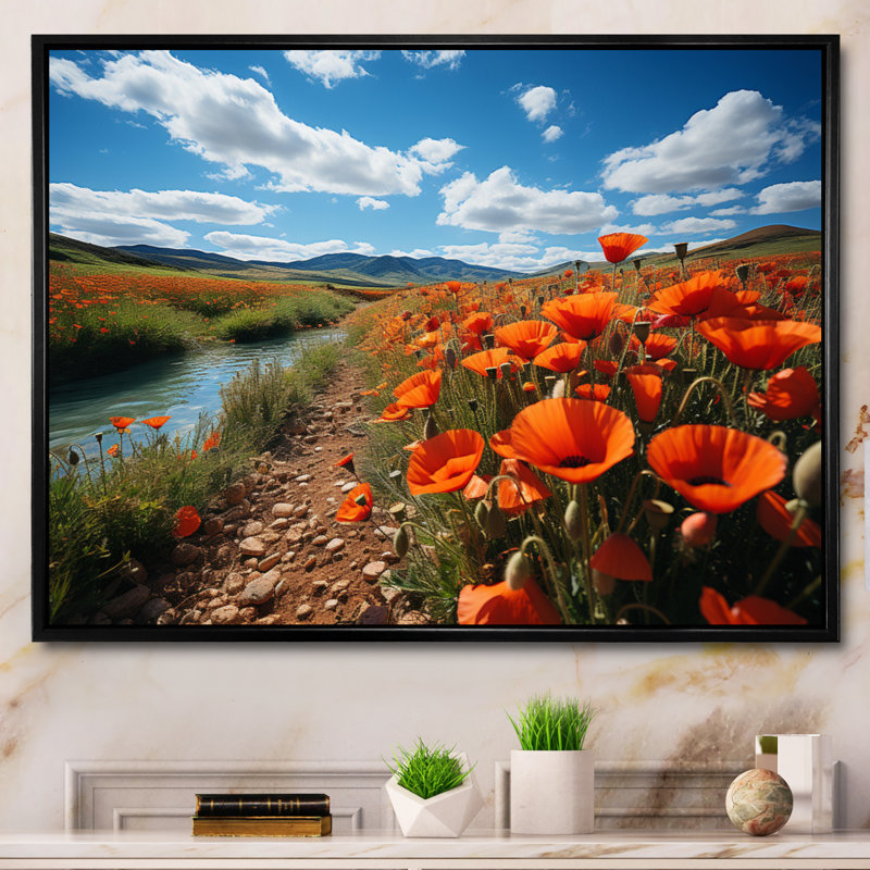 Kolette, Espagne, champs de coquelicots sur toile, Cadre flottant noir, H 24 po x l 32 po x P 1 po