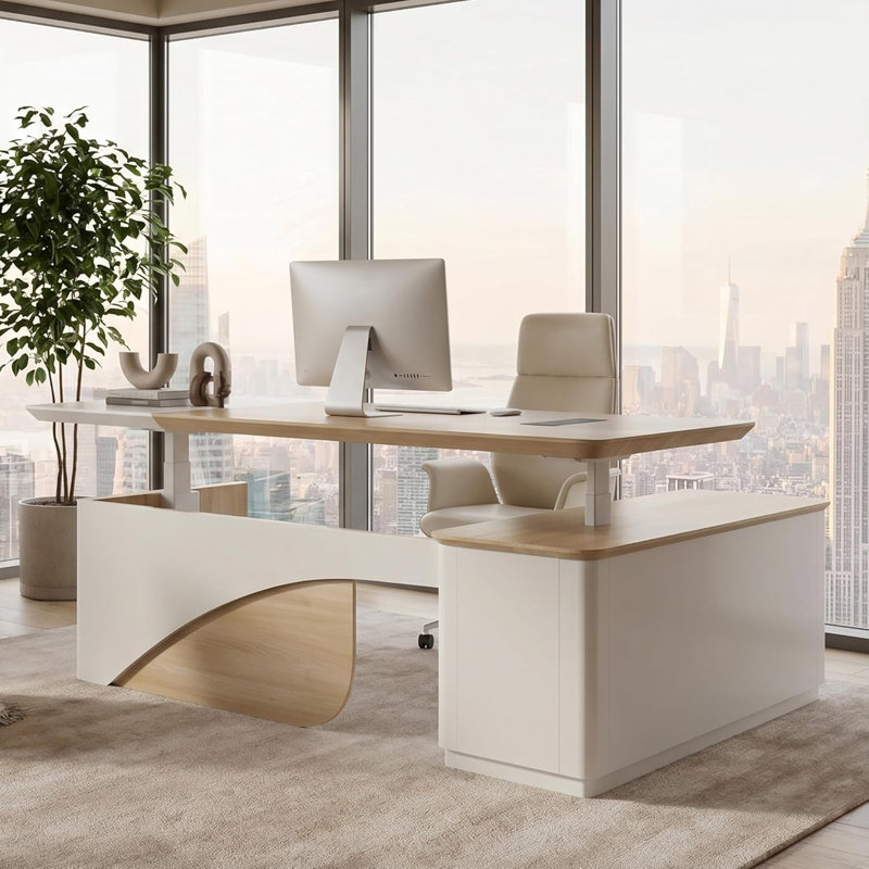 Bureau de direction électrique à hauteur réglable de 87 pouces, bureau de luxe blanc et grain de bois avec prise de courant multifonctionnelle et rangement, poste de travail à double usage pour la maison et le bureau