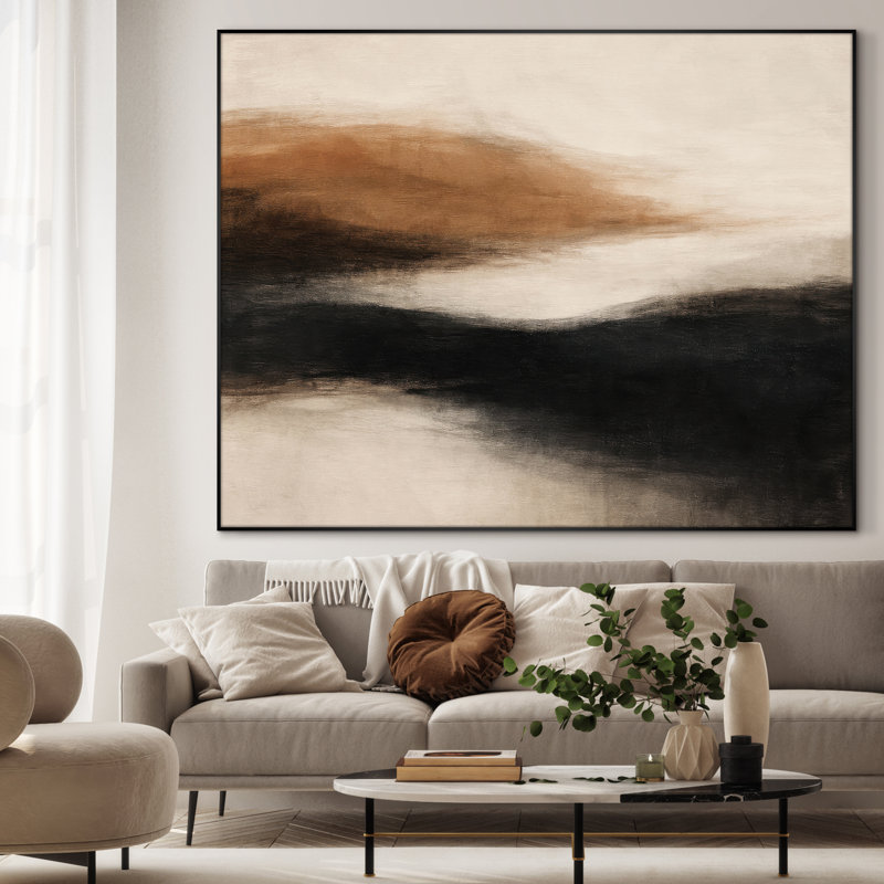 Extra Large Wall Art Fabric Print - Minimalist Neutral Horizon Abstract in Brown and Black for Modern Living Room - "Frame Assembly Required (Unfinished Frame)"