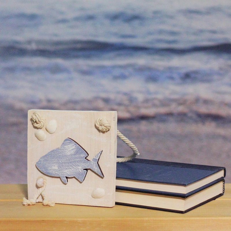 Plaque murale en forme de poisson d’inspiration Cape Cod 6 po bleu et blanc avec coquillages