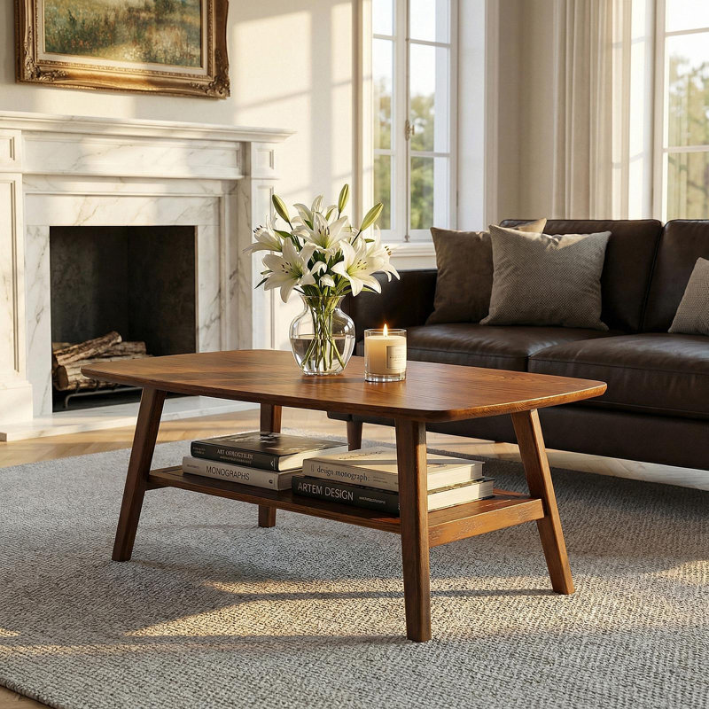 Table basse moderne Mid-Century, table basse en bois de chêne massif à 100% avec tablette de rangement, table basse à 2 niveaux avec coins arrondis pour le salon, le bureau, l’appartement (couleur chêne noyer, L 39,37 po)