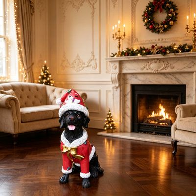 Statue festive de Noël Labrador Retriever noir en tenue de père Noël, parfaite pour les décorations des Fêtes et les étalages joyeux