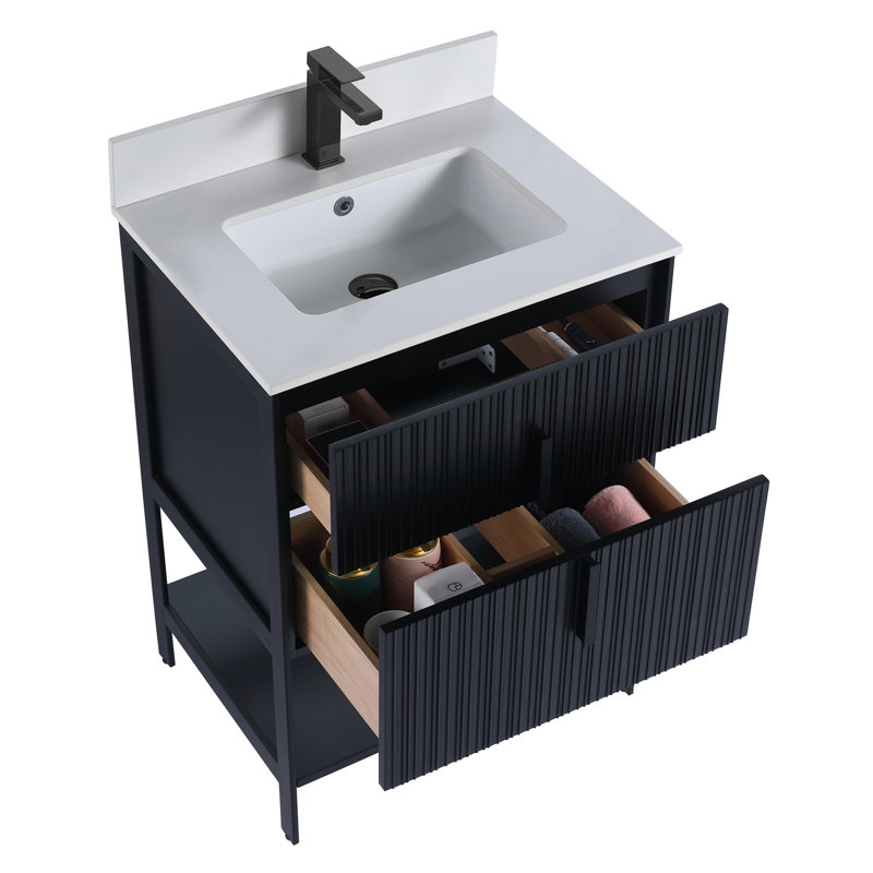 Meuble-lavabo moderne avec plateau en pierre Serenity, 24", Pierre artificielle blanche, Noir mat / noir