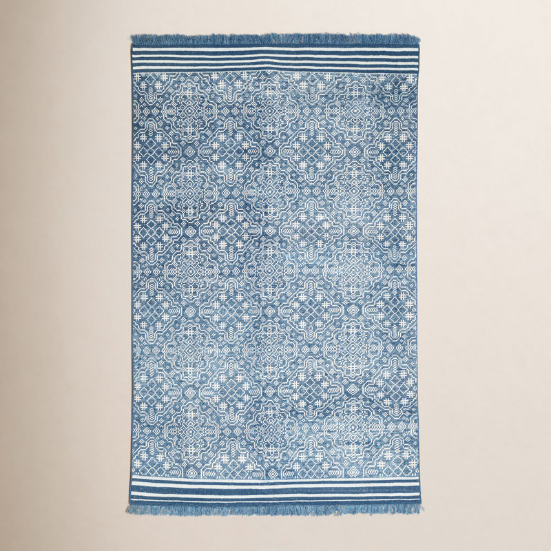 Tapis bleu marine / gris noué à la main Spillane Bovina, Rectangle 7 pi 6 po x 9 pi 6 po