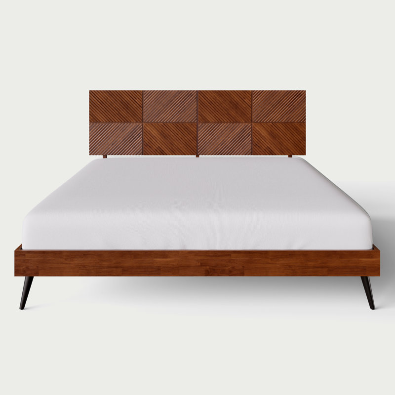 Rhombus Solid Rubber Wood Bed Frame with Geometric Headboard, Walnut, King