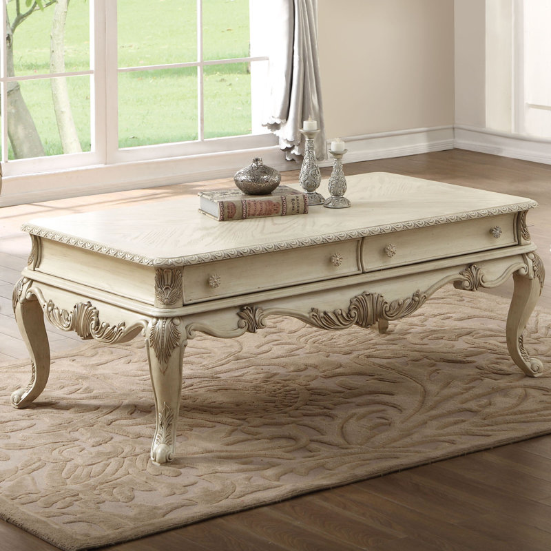 Table basse à 2 tiroirs avec pieds cabriole, H 19 po x L 52 po x l 30 po, Blanc antique