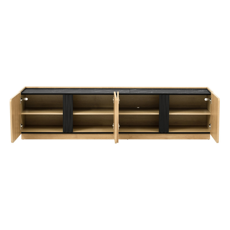 Modern Storage Cabinet with Rounded Corners, Marble Contrast Top & Adjustable Interior Shelves, Oak