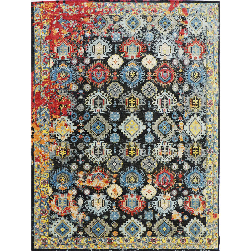 Tapis noir et jaune noué à la main de haute qualité, Rectangle 9 pi x 12 pi