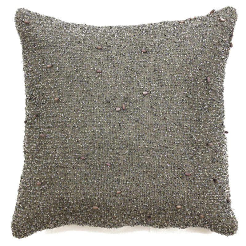 Bordeaux Heavy Beaded Square Silk Pillow Cover and Insert, Charcoal