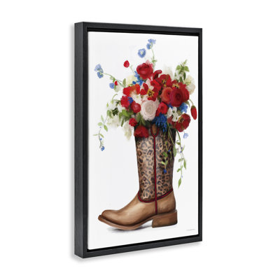 «Patriotic Roses in Cowgirl Boot», art mural encadré sur toile flottante dorée, design par Kamdon Kreations