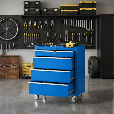 4-Drawer Rolling Tool Chest with Lock & Wheels, Portable Metal Tool Cabinet with Liners, Mobile Storage Cart Organizer for Garage & Workshop, Blue