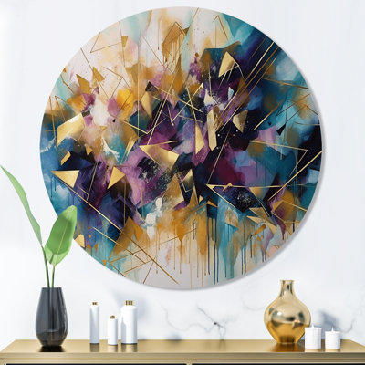 Golden Explosion Triangles II - Abstract Geometric Round Wall Art on Metal