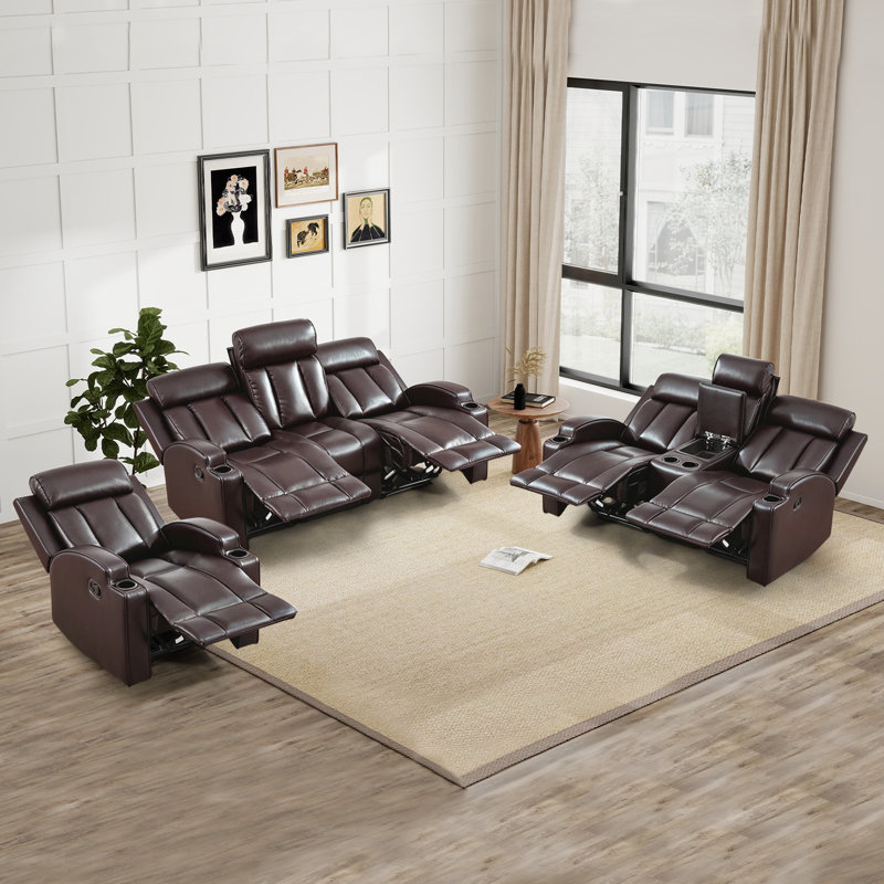 Ensemble de salon 3 pièces inclinable manuel moderne en similicuir, Brown
