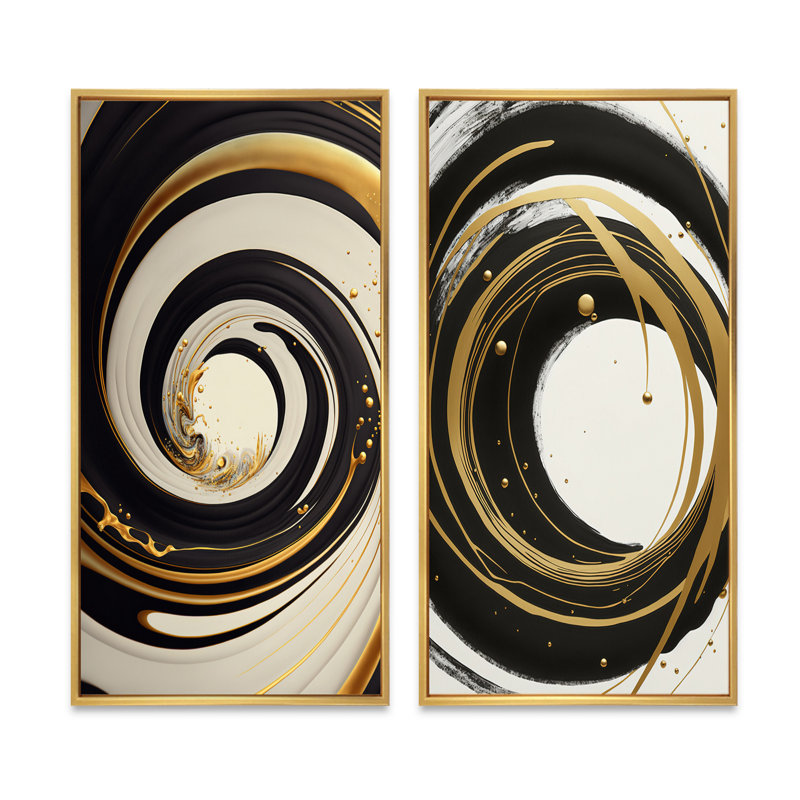 «Black, Silver and Gold Blirl Swirls», 2 pièces sur toile, Encadrement doré, H 20 po x l 24 po